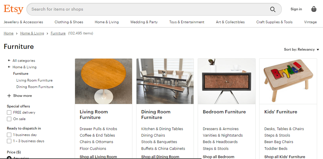 Etsy second hand furniture store